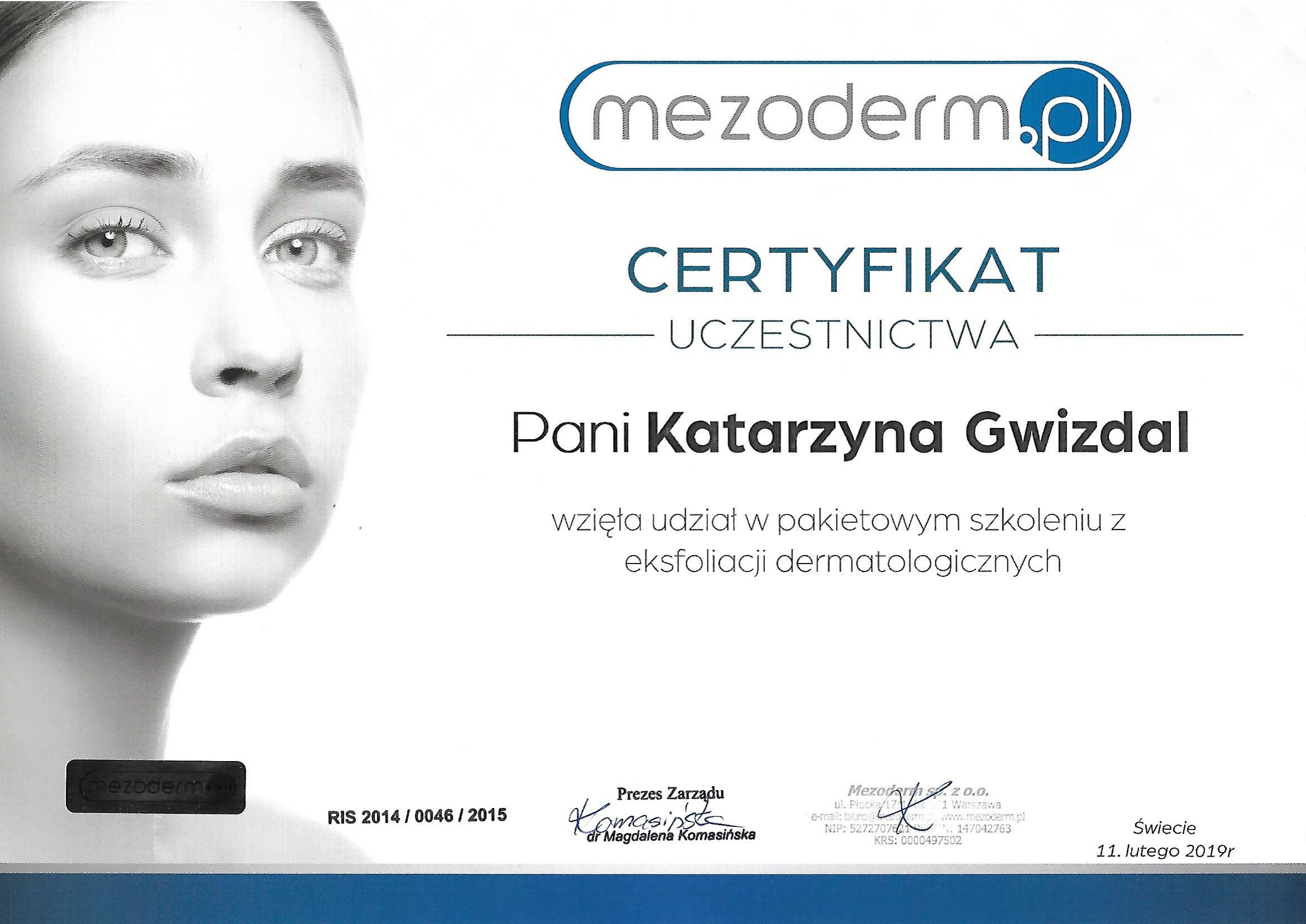 Certyfikat Mezoderm – eksfoliacja dermatologiczna